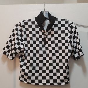 Black and white checked racer crop shirt